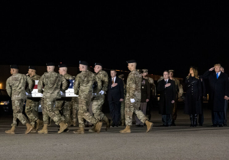 A U.S. Army carry team transfers the remains of Chief Warrant Officer 2 Kirk T. Fuchigami of Keaau, Hawaii, during a dignified transfer Nov. 21, 2019, at Dover Air Force Base, Del. Fuchigami was assigned to 1st Battalion, 227th Aviation Regiment, 1st Air Cavalry Brigade, 1st Cavalry Division, Fort Hood, Texas. (U.S. Air Force photo by Roland Balik)