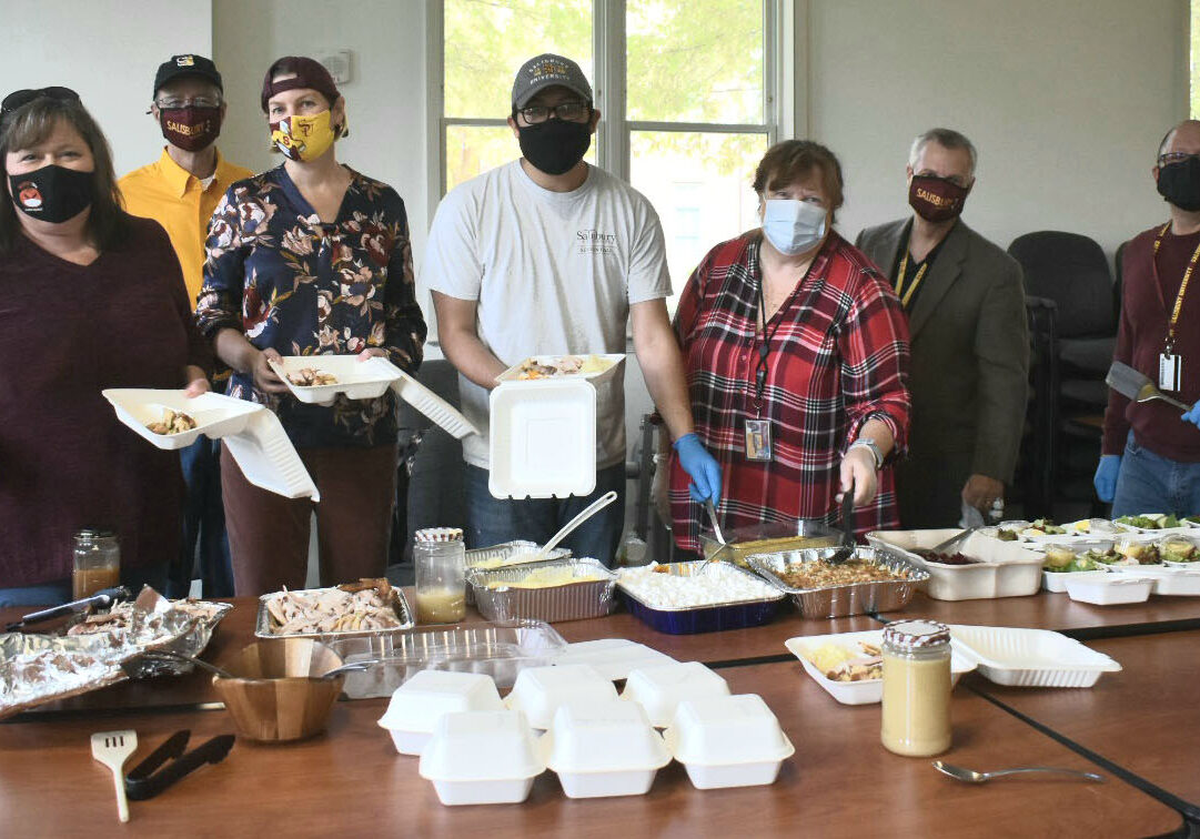 Members of the Salisbury University Student Affairs Office served Thanksgiving dinner to students who stayed on campus (photo courtesy of Salisbury University)