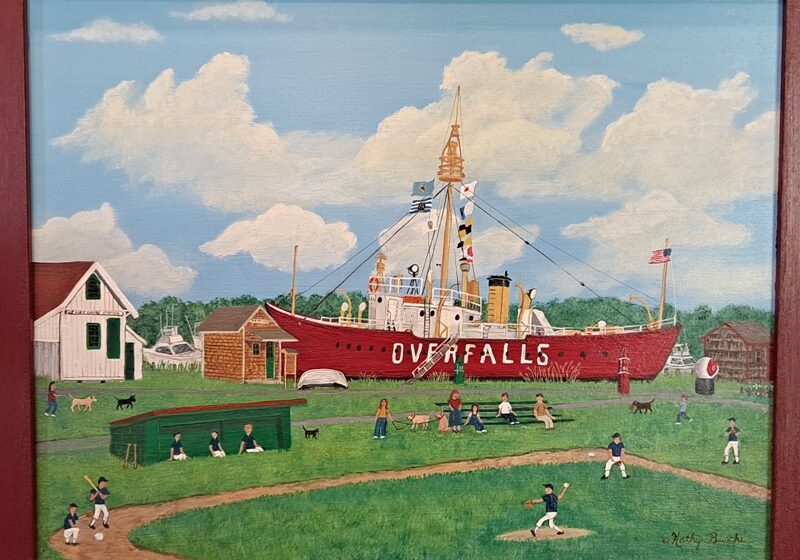 Painter Kathy Buschi's distinctive acrylic painting, "Little League Practice." Image courtesy St. Peter’s Art Show