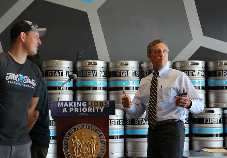 Gov. Carney discusses site readiness legislation during a visit to a Middletown brewery Tuesday (photo courtesy of Gov. Carney's office)