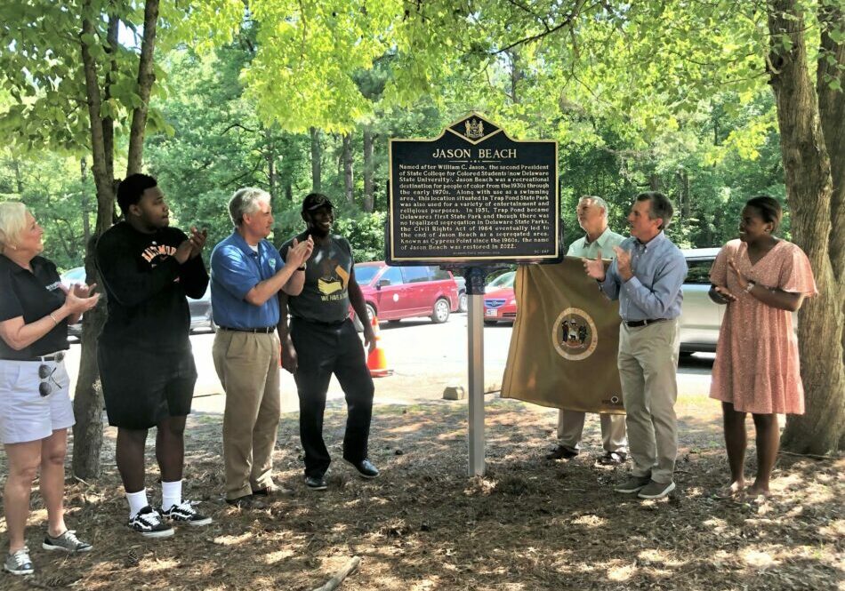 A historical marker designating Jason Beach was unveiled Monday at Trap Pond State Park (photo courtesy of DNREC)