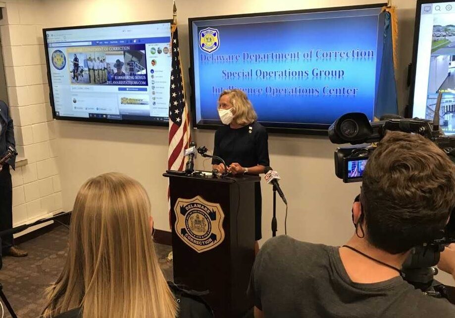 Department of Correction Commissioner Claire DeMatteis speaks at the opening of the Intelligence Operations Center