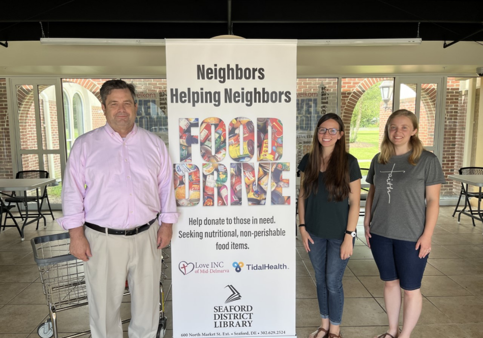 Jerry Keiser (Seaford Library), Kathryn Alban (Transformational Ministries Director), Kaila Miller (Ministries Coordinator) are proud to be partnering to help those in need in the Seaford area.