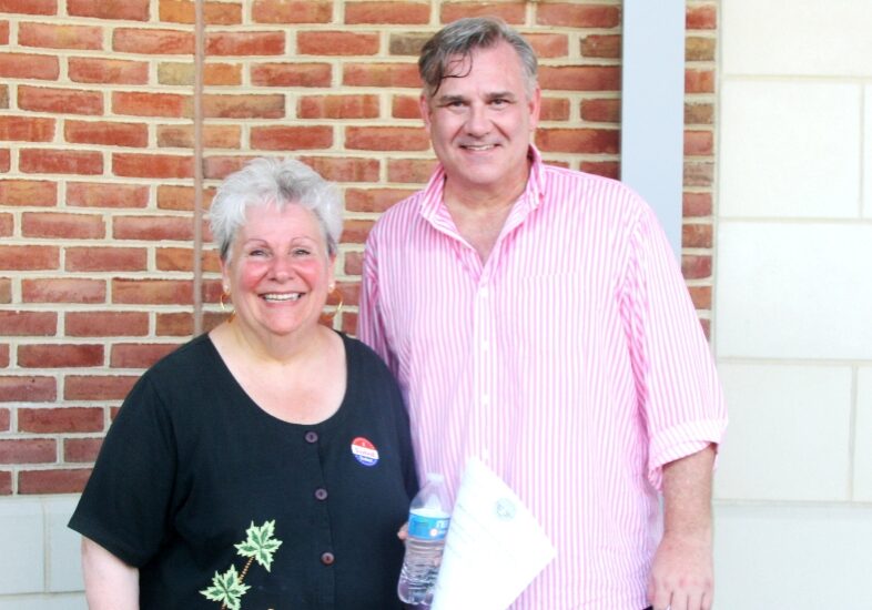 Commissioners-elect Toni Sharp and Tim Bennett, August 14, 2021. Image courtesy WGMD/Alan Henney