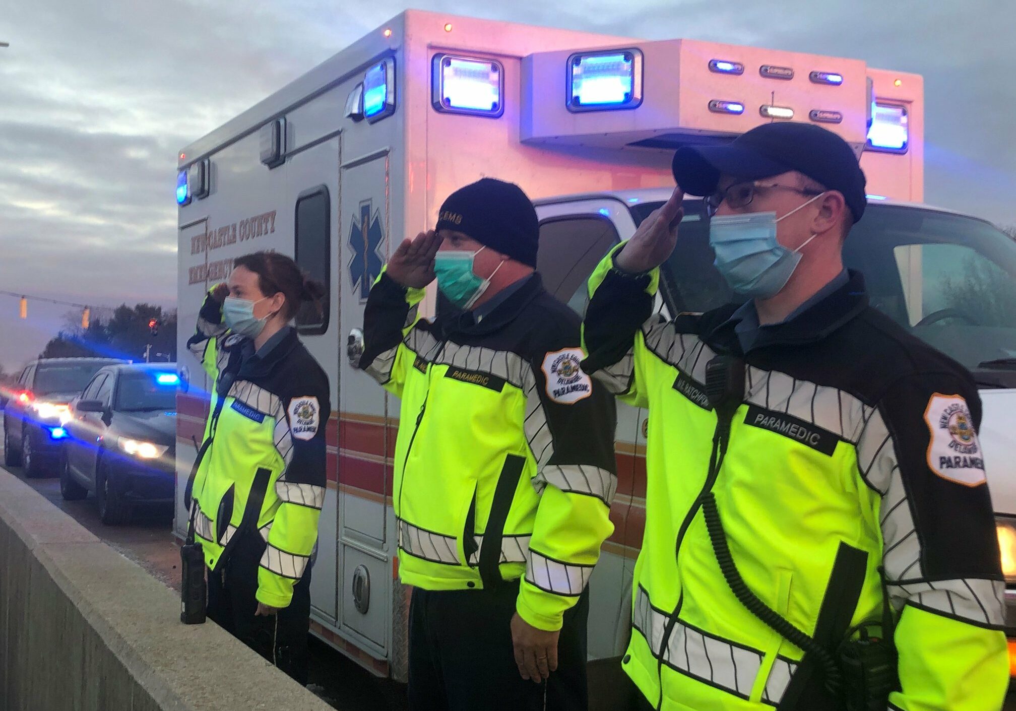 Milford Senior Corporal Timothy Webb was given a hero's salute as he left Christiana Hospital Thursday (photo courtesy of New Castle County Paramedics)